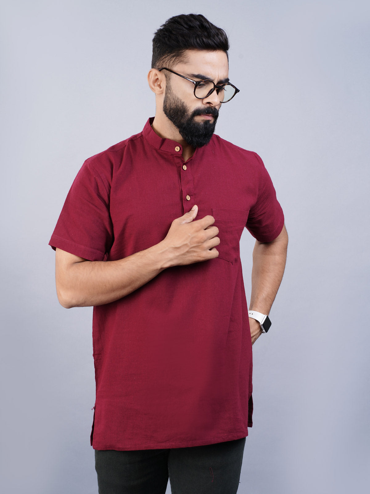 Mens Regular Fit Solid Maroon Cotton Straight Short Kurta