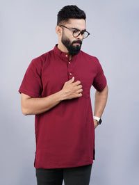 Mens Regular Fit Solid Maroon Cotton Straight Short Kurta