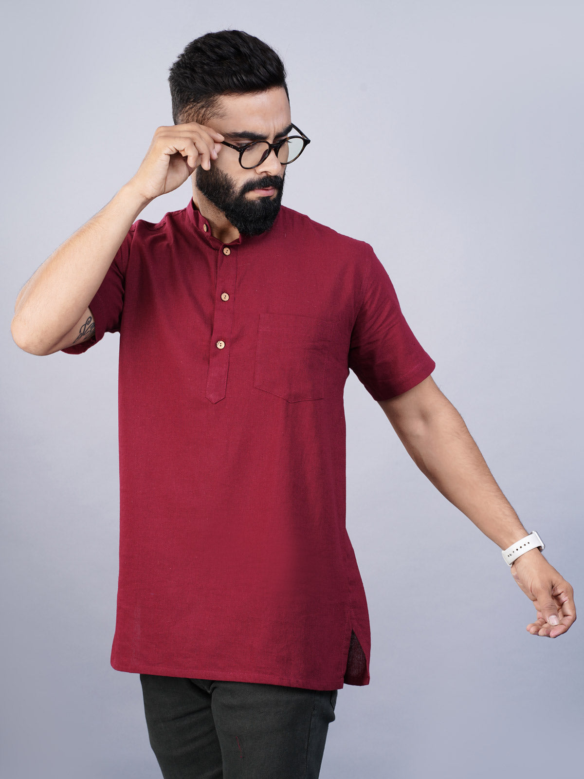 Mens Regular Fit Solid Maroon Cotton Straight Short Kurta