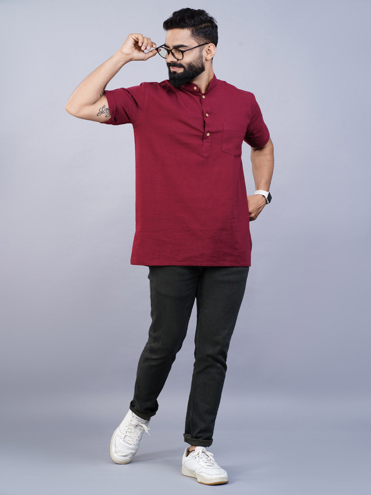 Mens Regular Fit Solid Maroon Cotton Straight Short Kurta