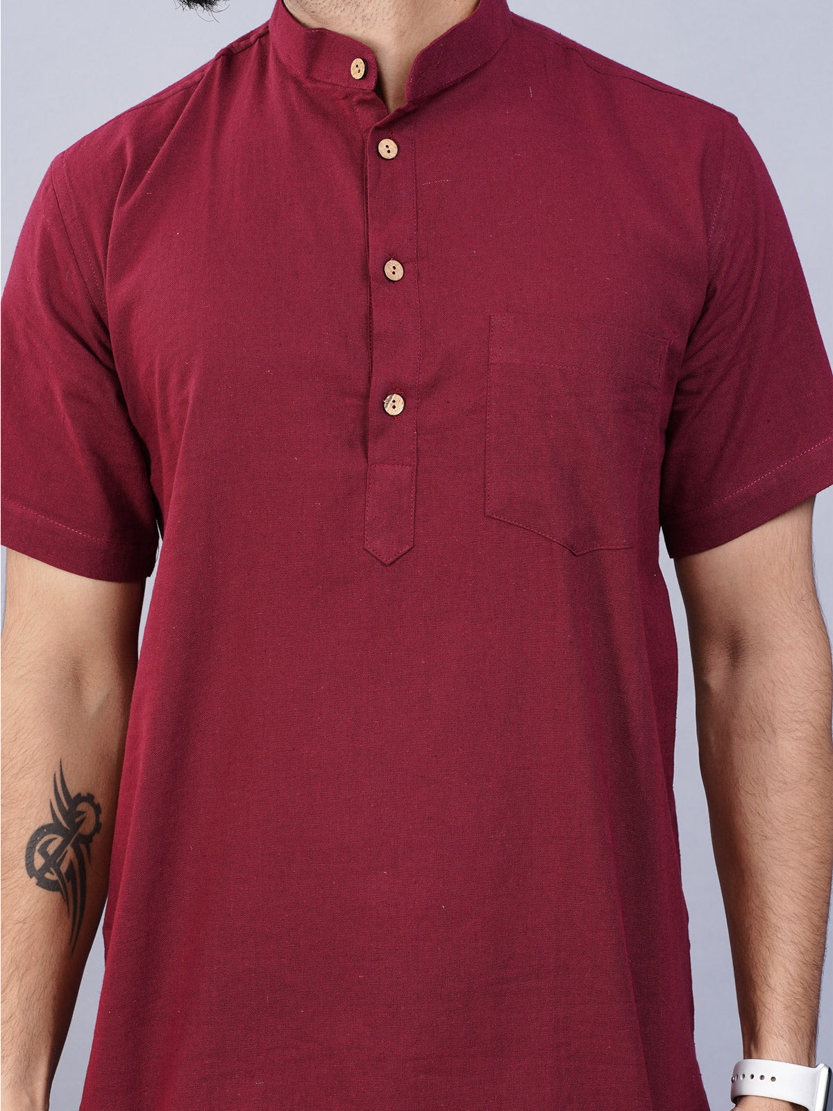 Mens Regular Fit Solid Maroon Cotton Straight Short Kurta