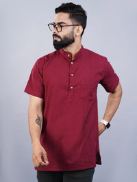 Mens Regular Fit Solid Maroon Cotton Straight Short Kurta