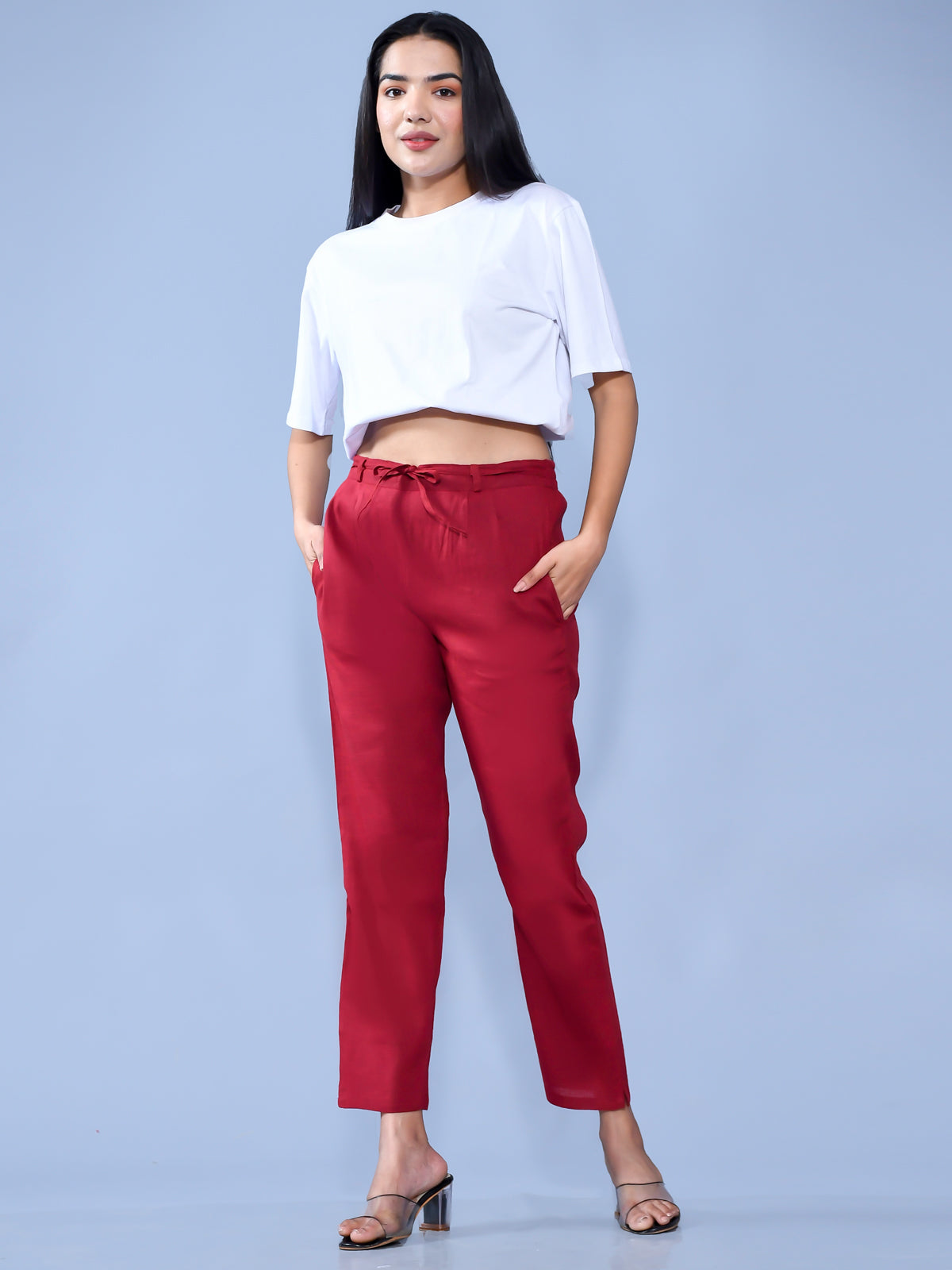 Pack Of 2 Womens Regular Fit Maroon And White Cotton Slub Belt Pant Combo