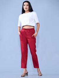 Pack Of 2 Womens Regular Fit Maroon And Mustard Cotton Slub Belt Pant Combo