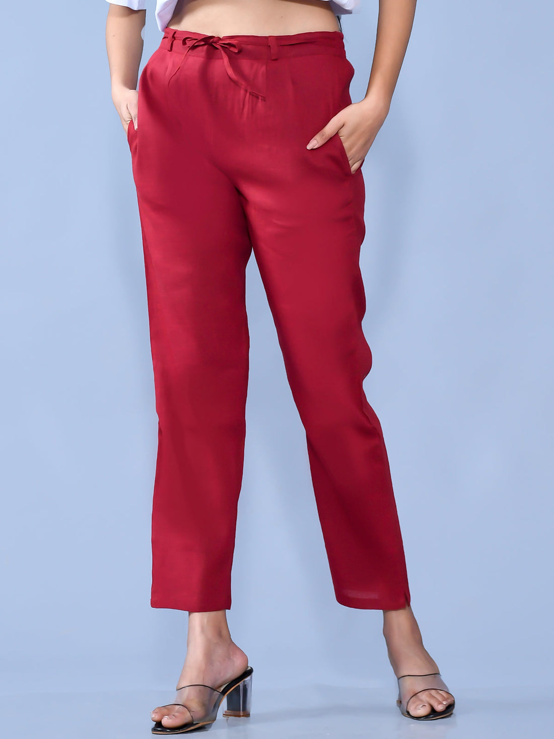 Pack Of 2 Womens Regular Fit Maroon And Mauve Pink Cotton Slub Belt Pant Combo