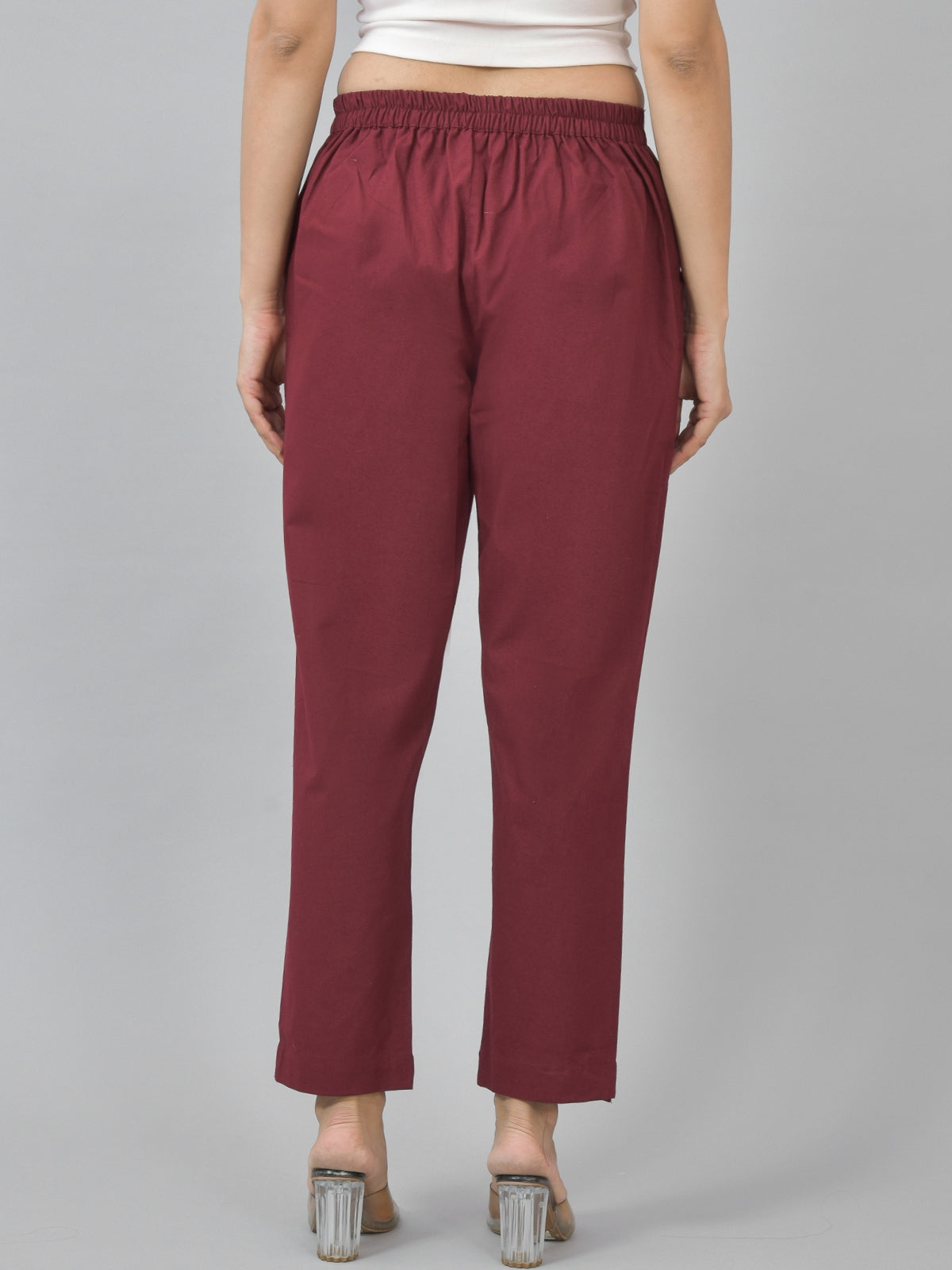 Women Regular Fit Deep Pocket Solid Maroon Green Half Elastic Cotton Pants