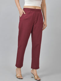 Women Regular Fit Deep Pocket Solid Maroon Green Half Elastic Cotton Pants