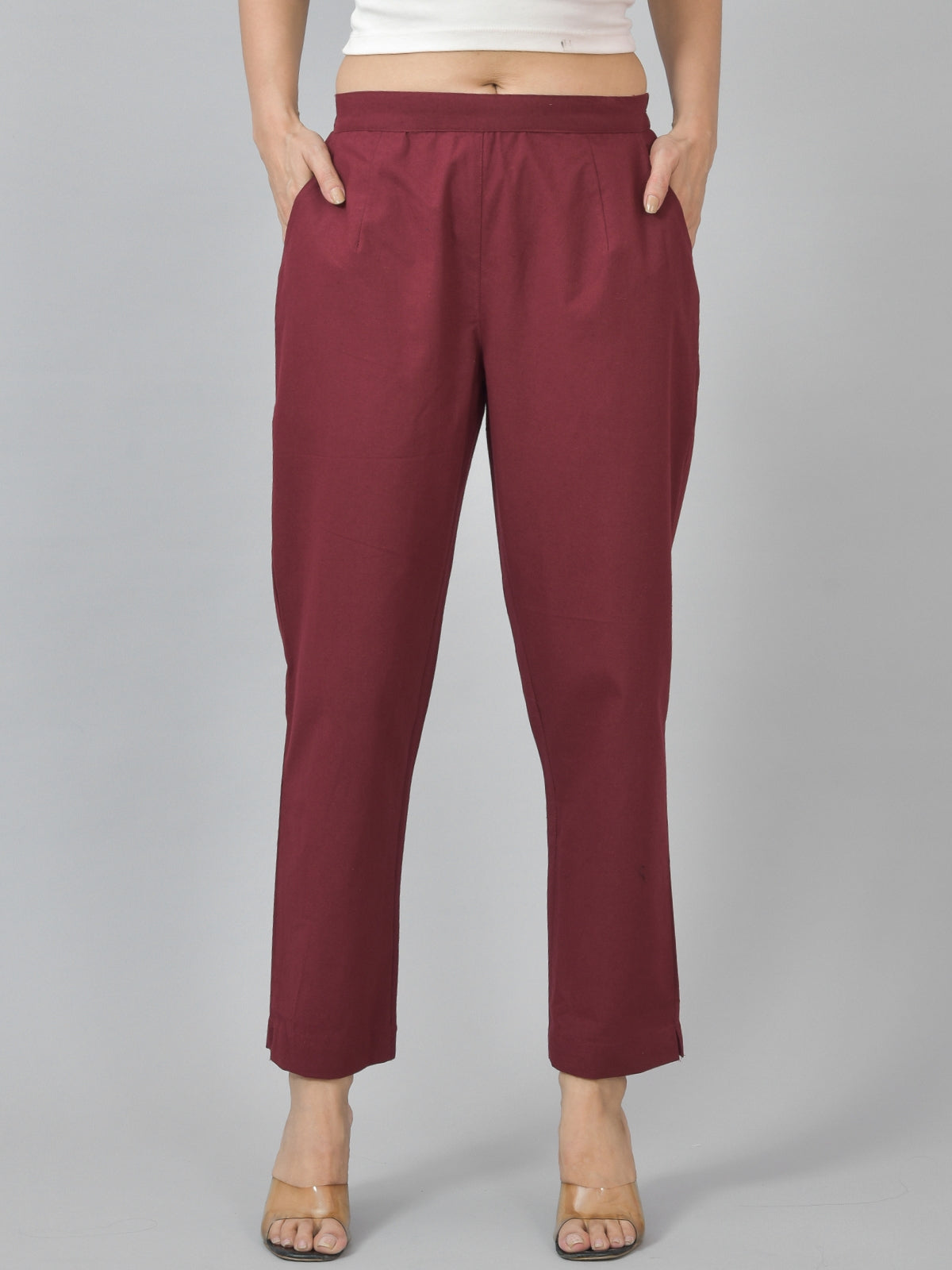 Pack Of 2 Womens Half Elastic Maroon And White Deep Pocket Cotton Pants