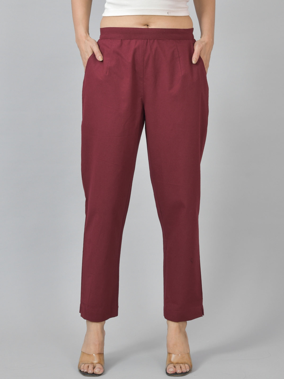 Pack Of 2 Womens Half Elastic Light Grey And Maroon Deep Pocket Cotton Pants