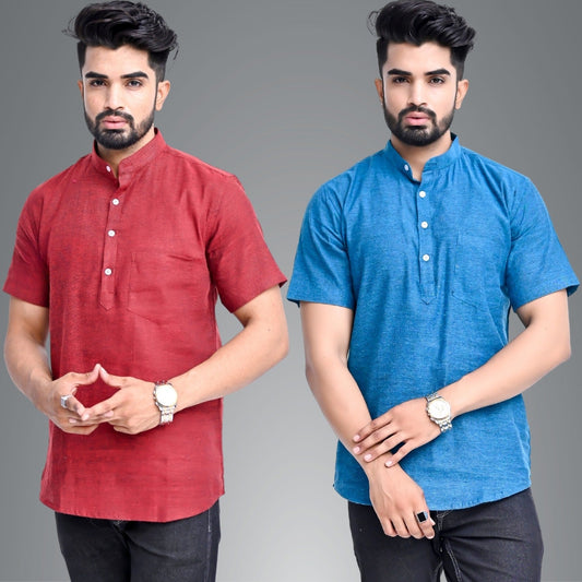 Mens Regular Fit Maroon and Teal Blue Half Sleeve Cotton Short Kurta Combo