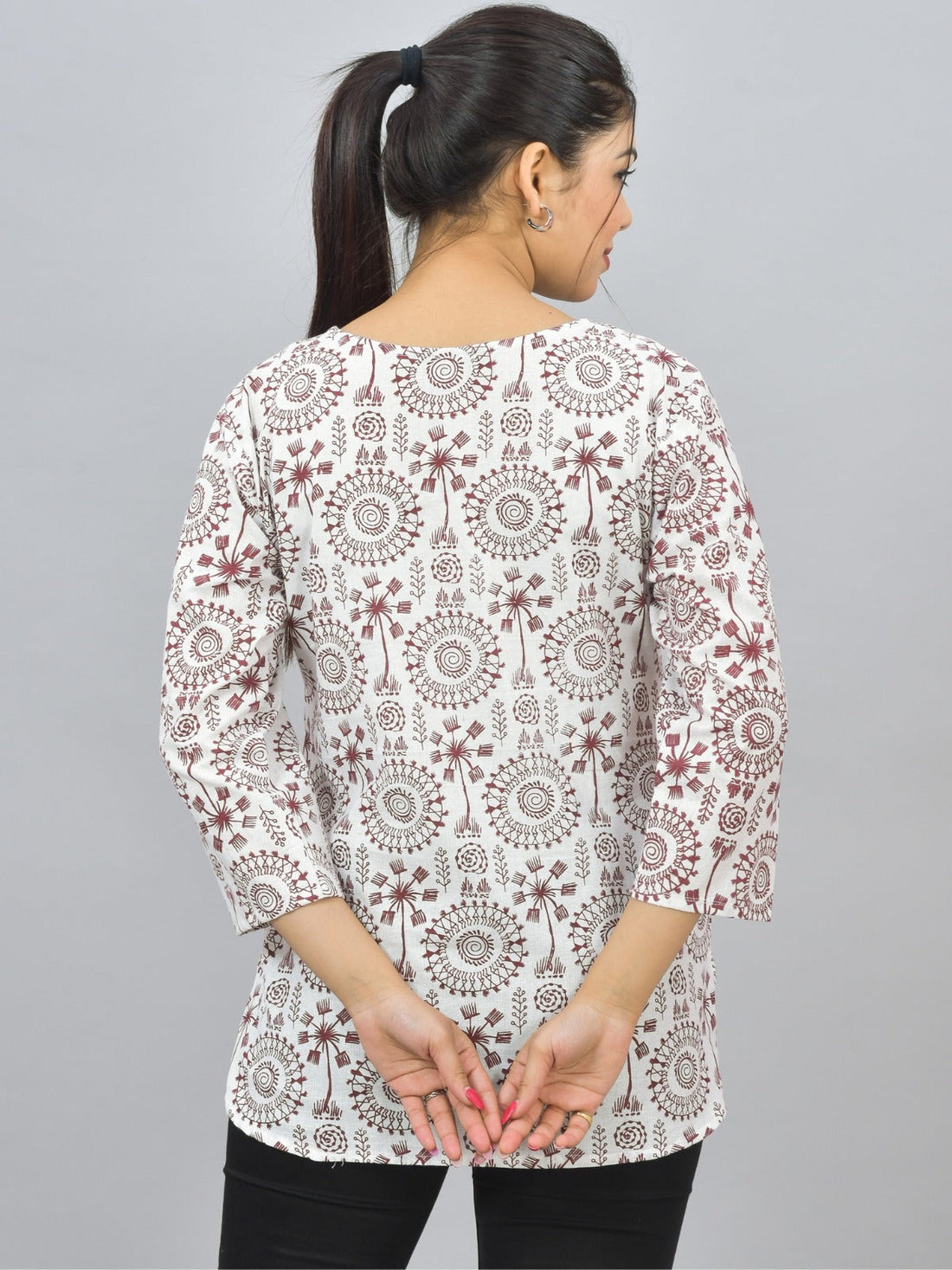 Womens Regular Fit Maroon Tribal Printed Short Kurti/Top