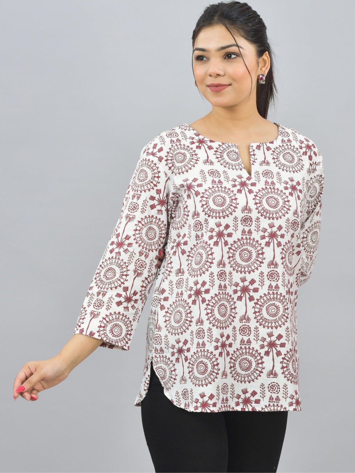 Womens Regular Fit Maroon Tribal Printed Short Kurti/Top