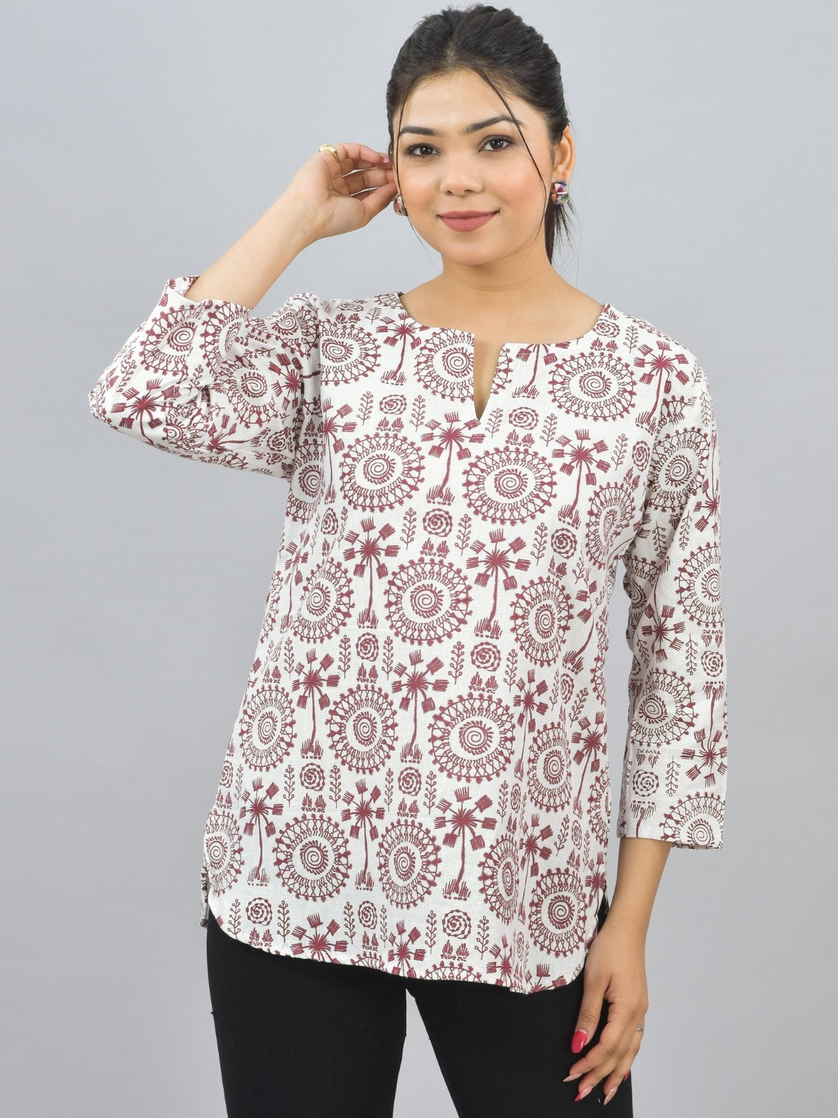 Womens Regular Fit Maroon Tribal Printed Short Kurti/Top