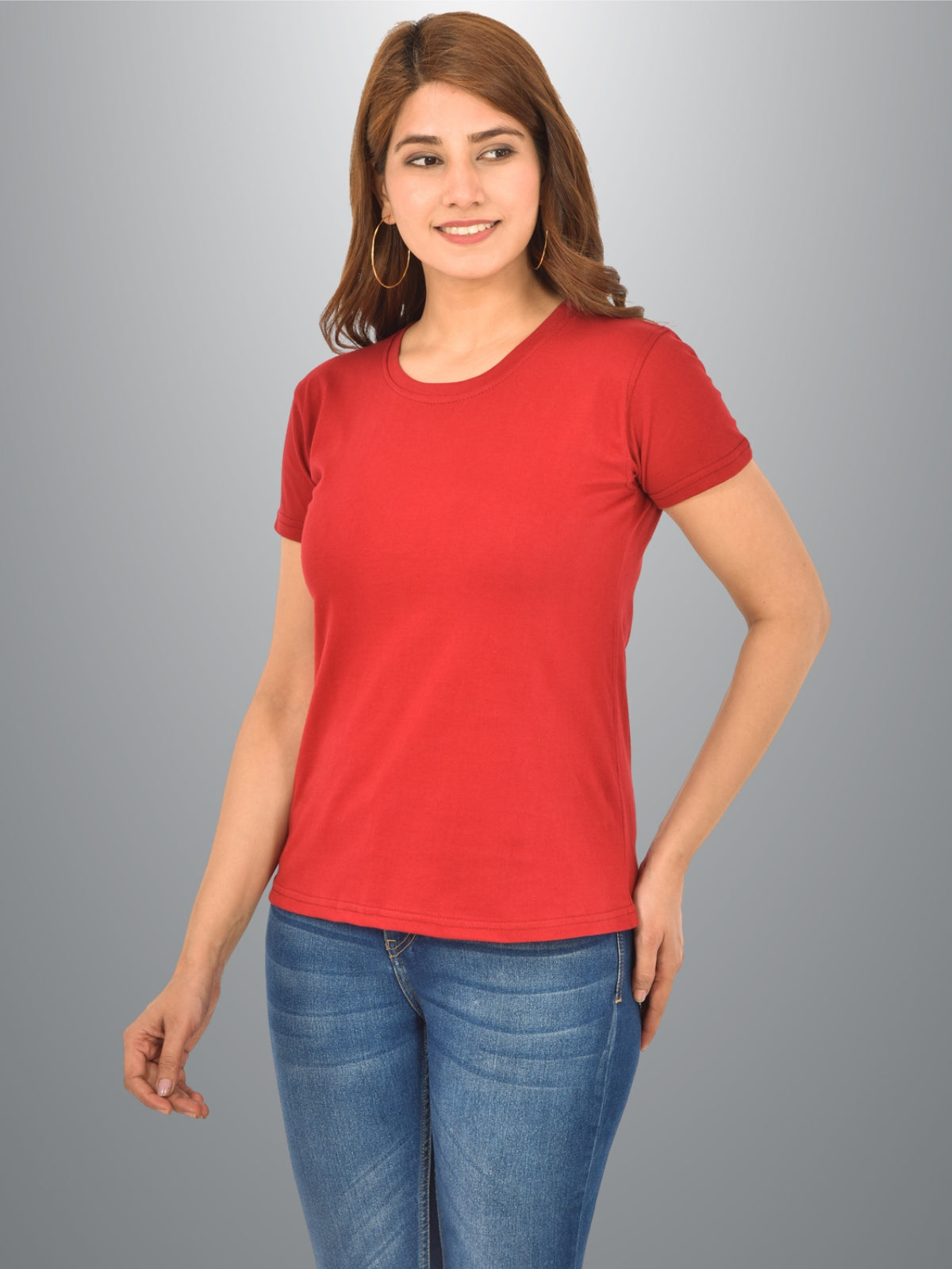 Womens Maroon Half Sleeves Cotton Plain T-shirt