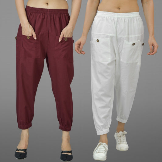 Combo Pack Of Womens Maroon And White Four Pocket Cotton Cargo Pants
