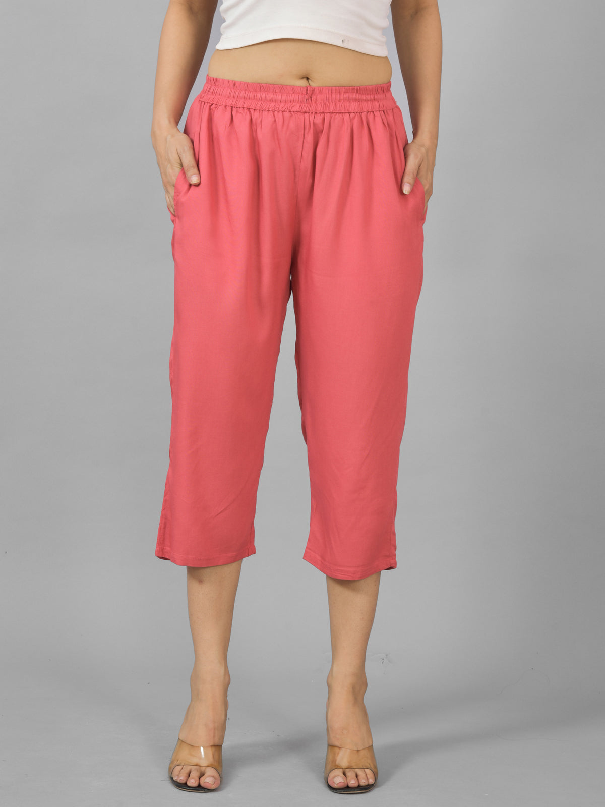 Women Solid Mauve Pink Rayon Calf Length Culottes Trouser