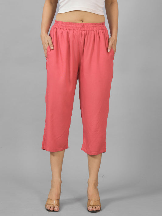 Women Solid Mauve Pink Rayon Calf Length Culottes Trouser