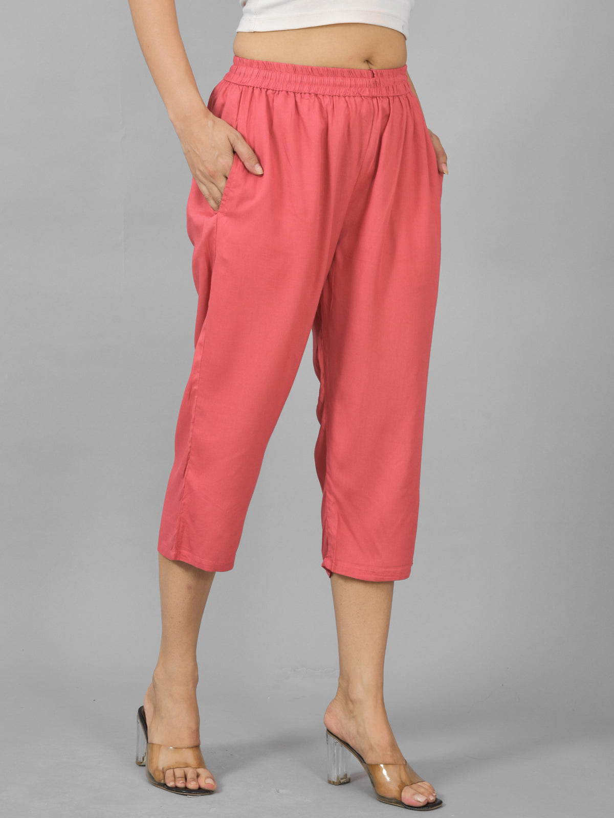 Women Solid Mauve Pink Rayon Calf Length Culottes Trouser