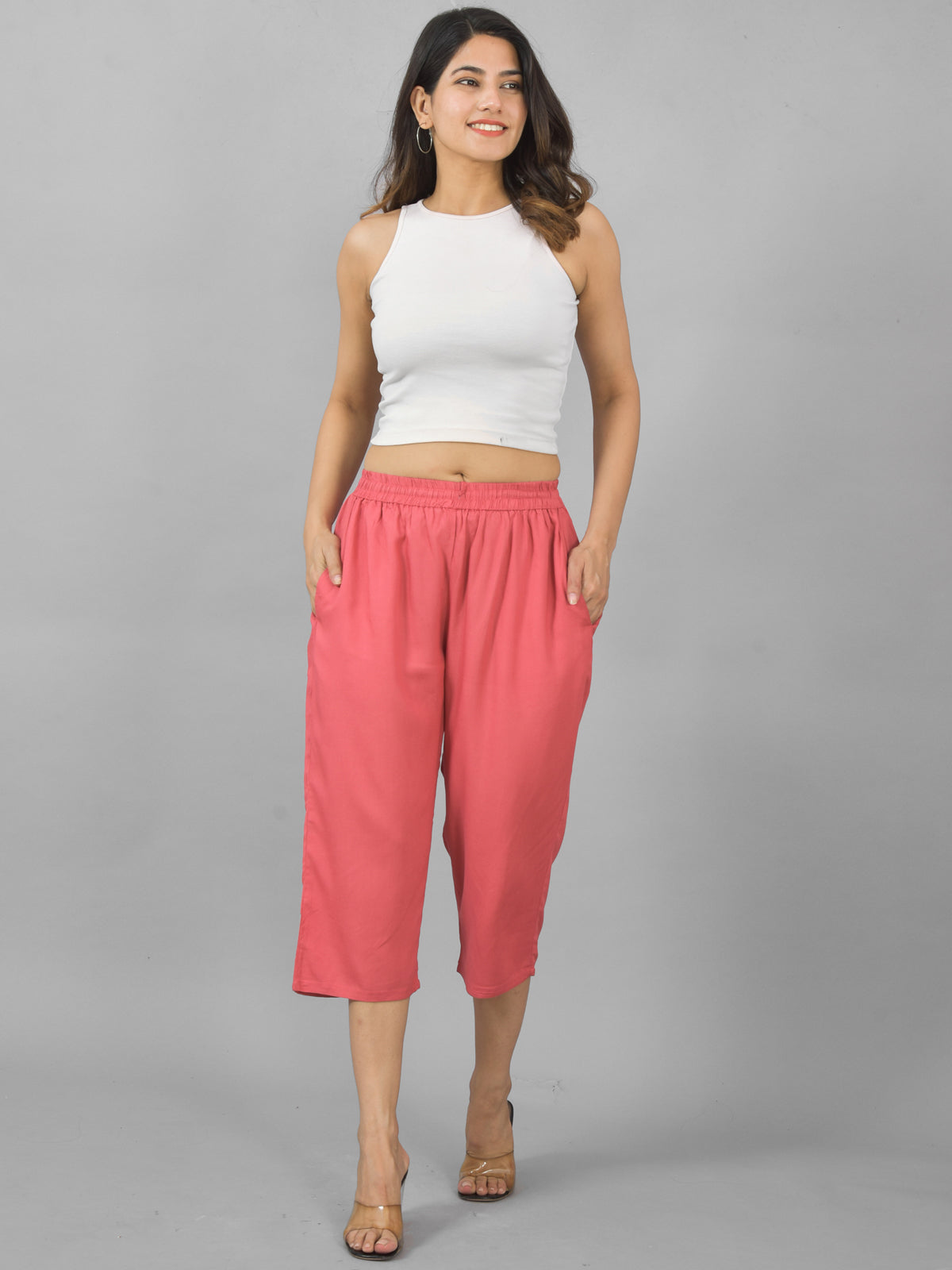 Pack Of 2 Womens Mauve Pink And Mustard Calf Length Rayon Culottes Trouser Combo