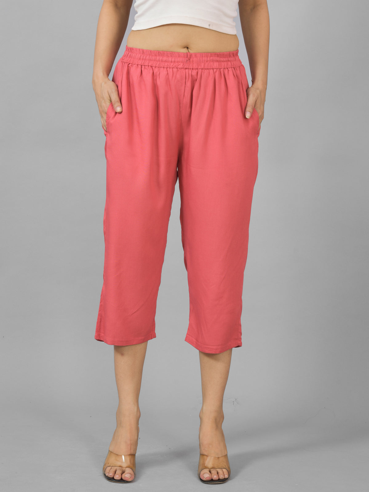 Pack Of 2 Womens Mauve Pink And White Calf Length Rayon Culottes Trouser Combo