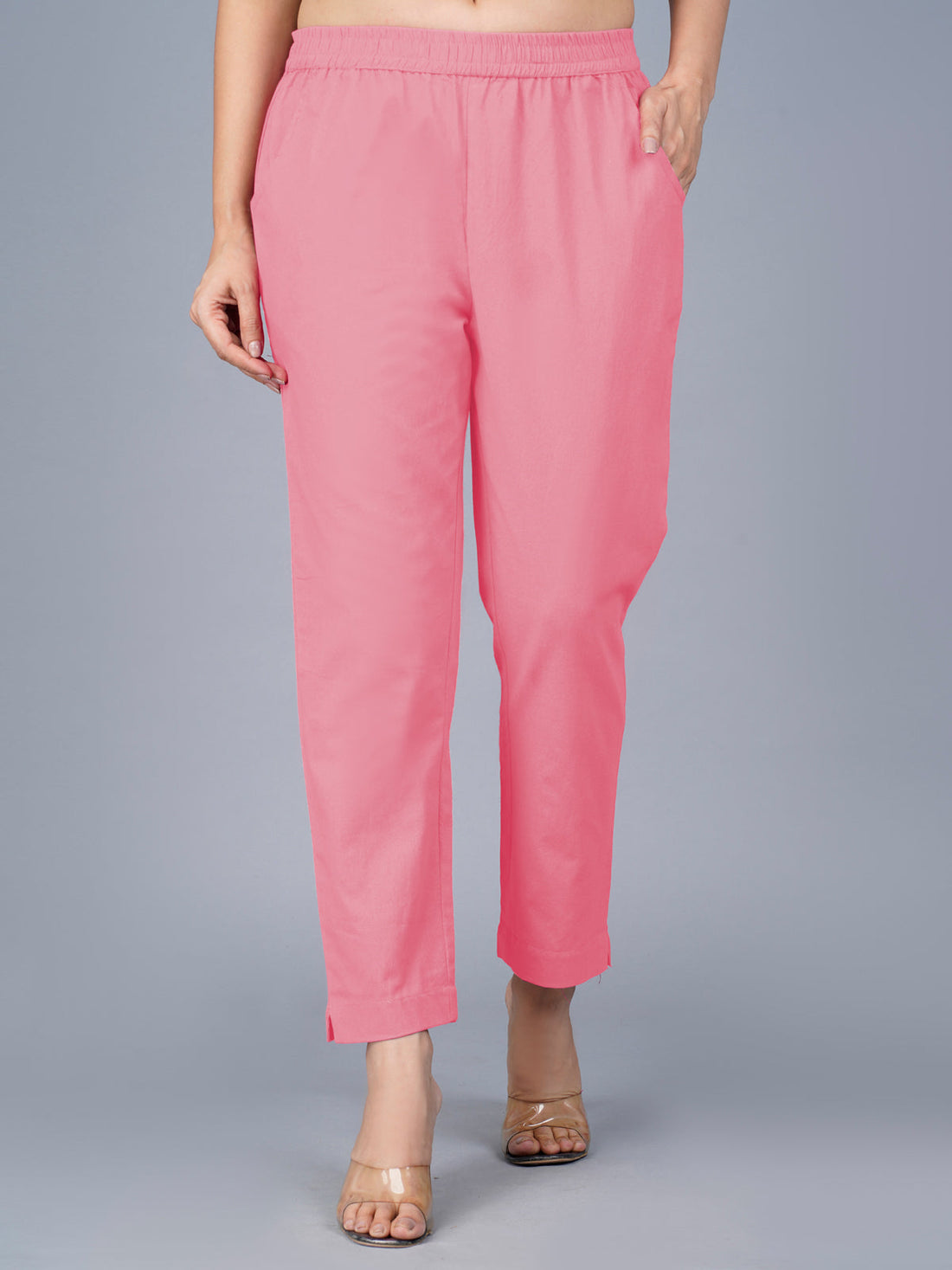 Pack Of 2 Womens Regular Fit Mauve Pink And Black Fully Elastic Waistband Cotton Trouser