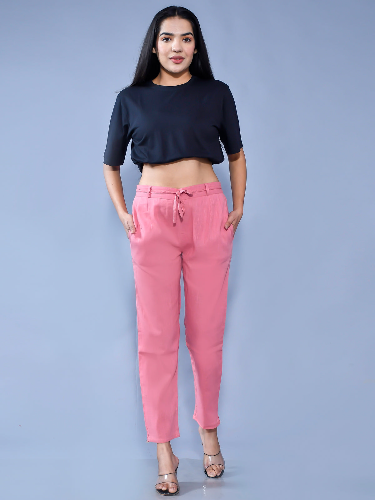 Pack Of 2 Womens Regular Fit Mauve Pink And Teal Blue Cotton Slub Belt Pant Combo