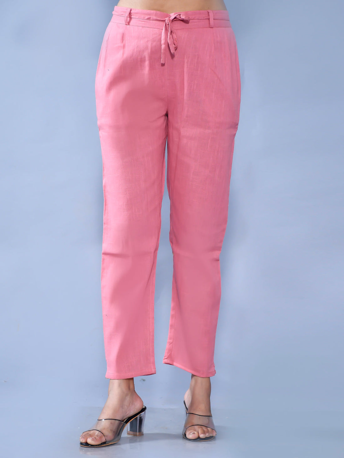 Pack Of 2 Womens Regular Fit Mauve Pink And Teal Blue Cotton Slub Belt Pant Combo