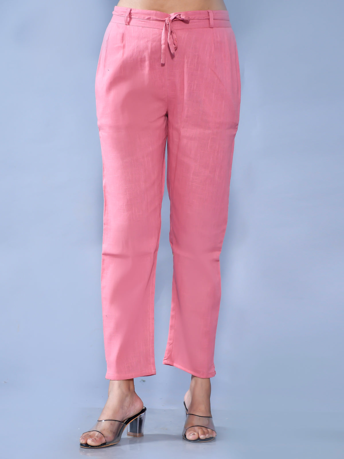 Pack Of 2 Womens Regular Fit Mauve Pink And Rani Pink Cotton Slub Belt Pant Combo