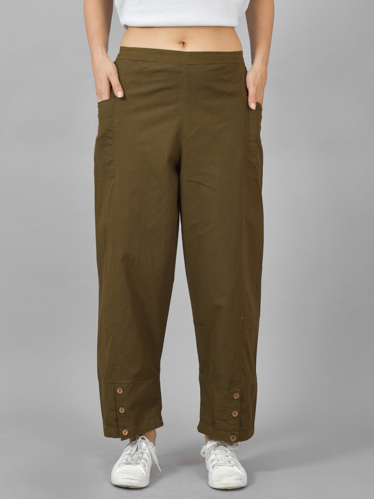 Combo Pack Of Womens Beige And Mehndi Green Side Pocket Straight Cargo Pants