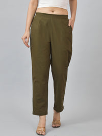 Women Regular Fit Deep Pocket Solid Mehndi Green Half Elastic Cotton Pants