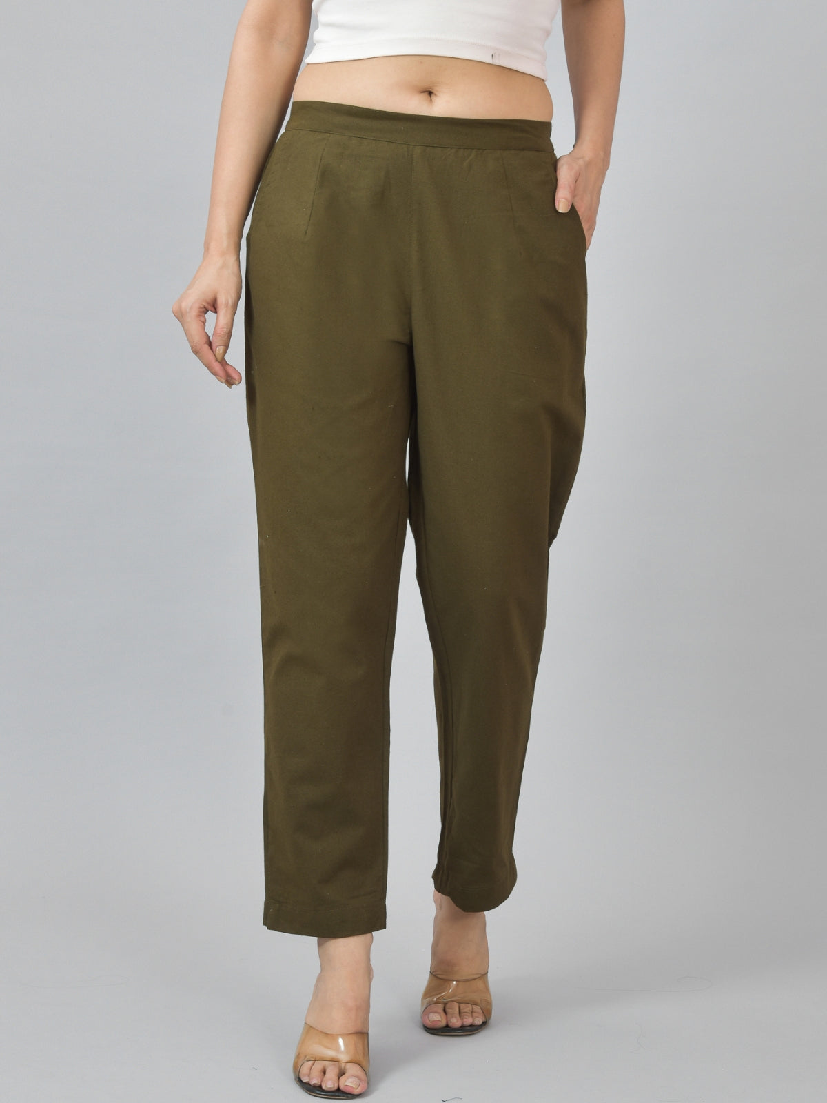 Pack Of 2 Womens Half Elastic Beige And Mehndi Green Deep Pocket Cotton Pants
