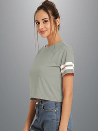 Womens Solid Melange Grey Cotton Crop Top With Designer White Stripe