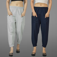 Combo Pack Of Womens Melange Grey And Dark Blue Four Pocket Cotton Cargo Pants