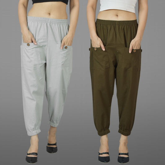 Combo Pack Of Womens Melange Grey And Dark Green Four Pocket Cotton Cargo Pants