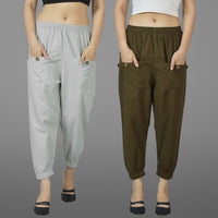 Combo Pack Of Womens Melange Grey And Dark Green Four Pocket Cotton Cargo Pants