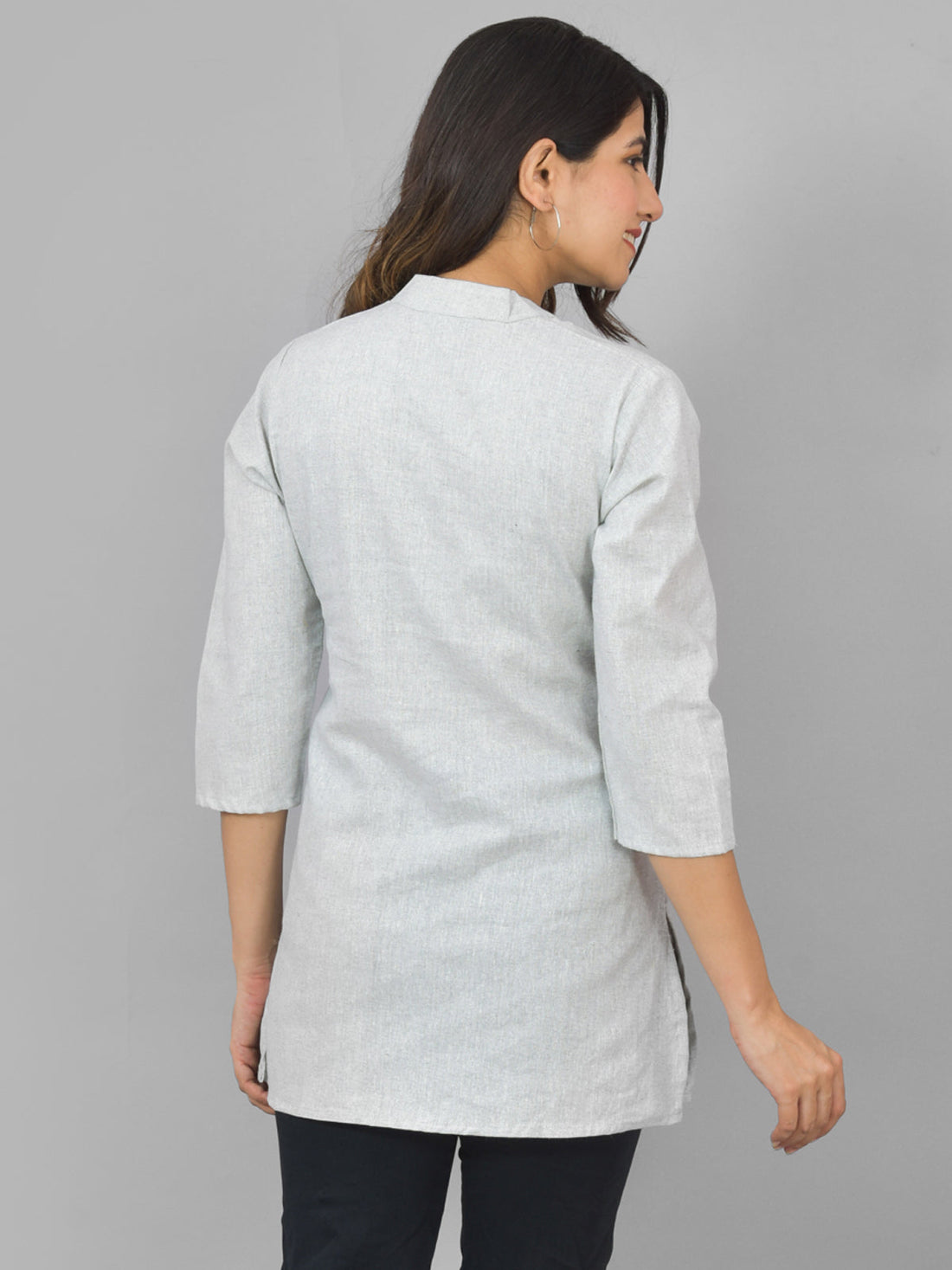 Womens Melange Grey Woven Design Handloom Cotton Frontslit Short Kurti