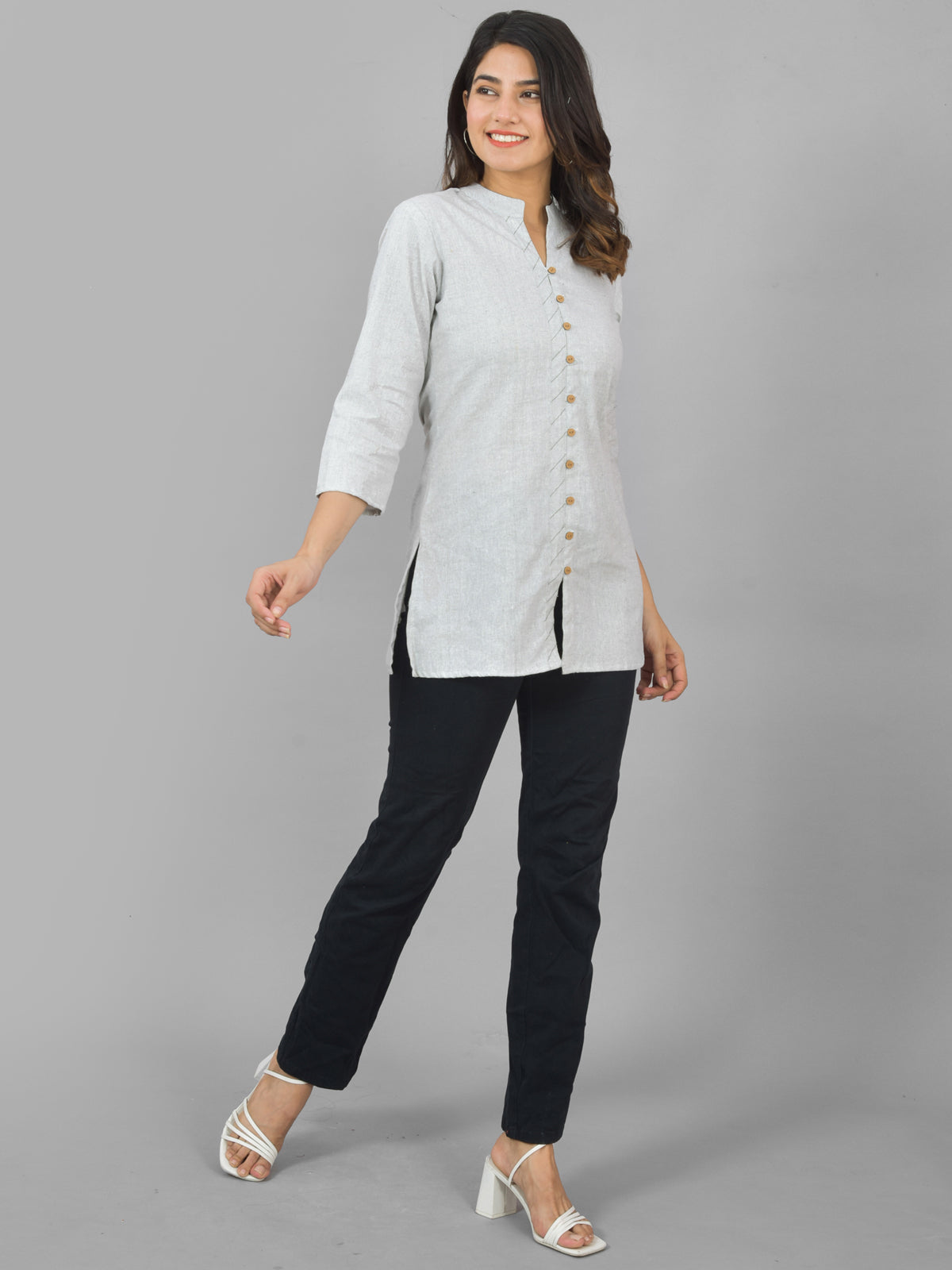 Womens Melange Grey Woven Design Handloom Cotton Frontslit Short Kurti