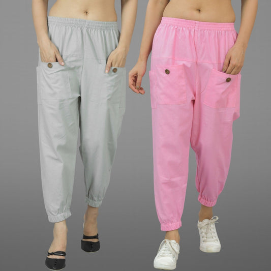 Combo Pack Of Womens Melange Grey And Pink Four Pocket Cotton Cargo Pants
