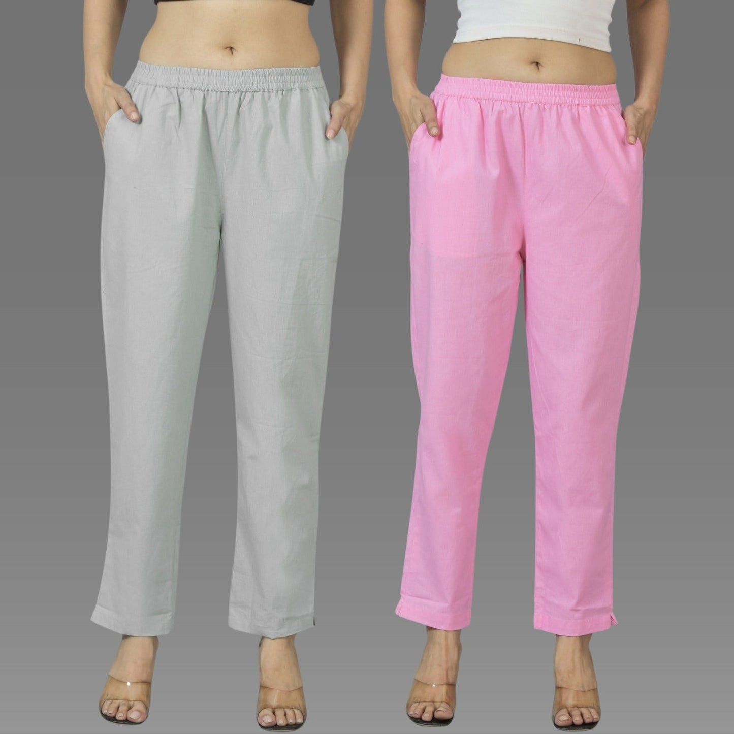 Pack Of 2 Womens Melange Grey And Pink Deep Pocket Fully Elastic Cotton Trouser