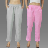 Pack Of 2 Womens Melange Grey And Pink Deep Pocket Fully Elastic Cotton Trouser