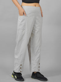 Womens Melange Grey Side Pocket Pure Cotton Straight Cargo Pant