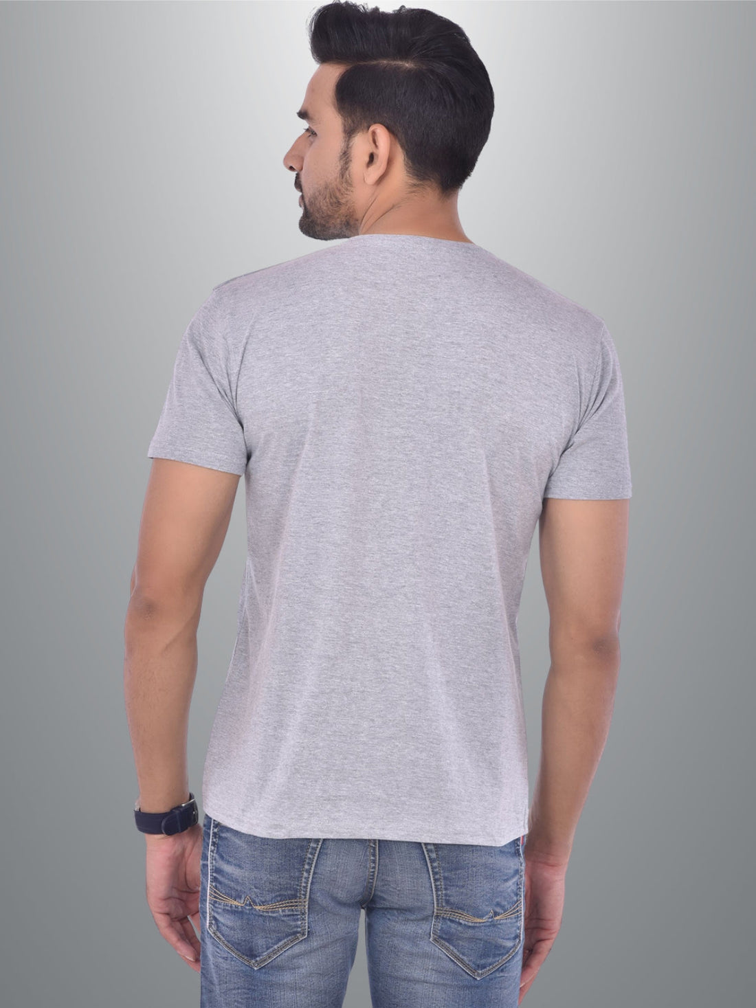 Mens Solid Round Neck  Half Sleeve Cotton Blend Melange Grey T-shirt