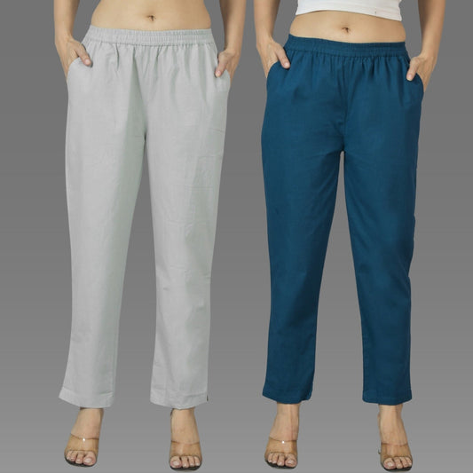 Pack Of 2 Womens Melange Grey And Teal Blue Deep Pocket Fully Elastic Cotton Trouser