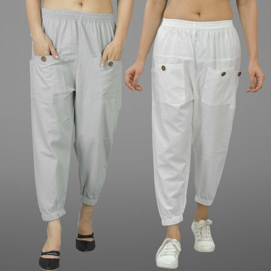 Combo Pack Of Womens Melange Grey And White Four Pocket Cotton Cargo Pants