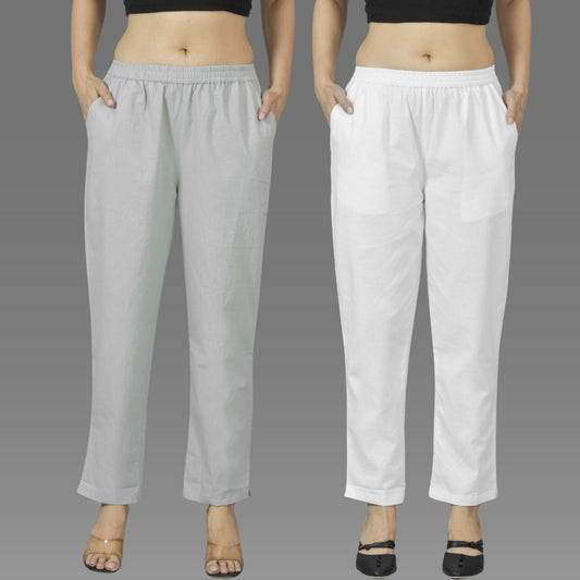 Pack Of 2 Womens Melange Grey And White Deep Pocket Fully Elastic Cotton Trouser