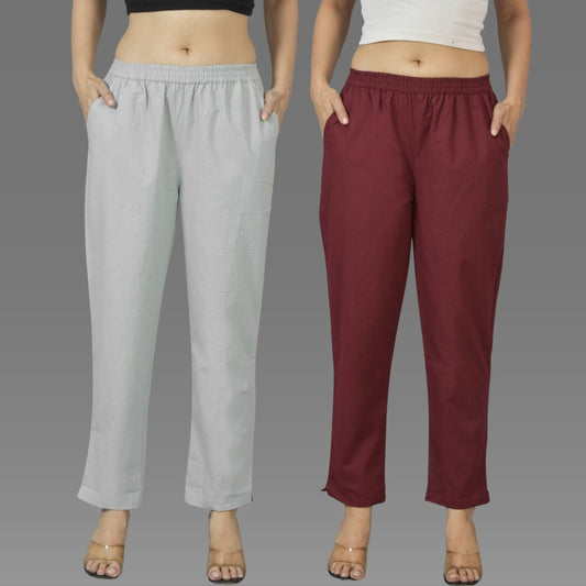 Pack Of 2 Womens Melange Grey And Wine Deep Pocket Fully Elastic Cotton Trouser