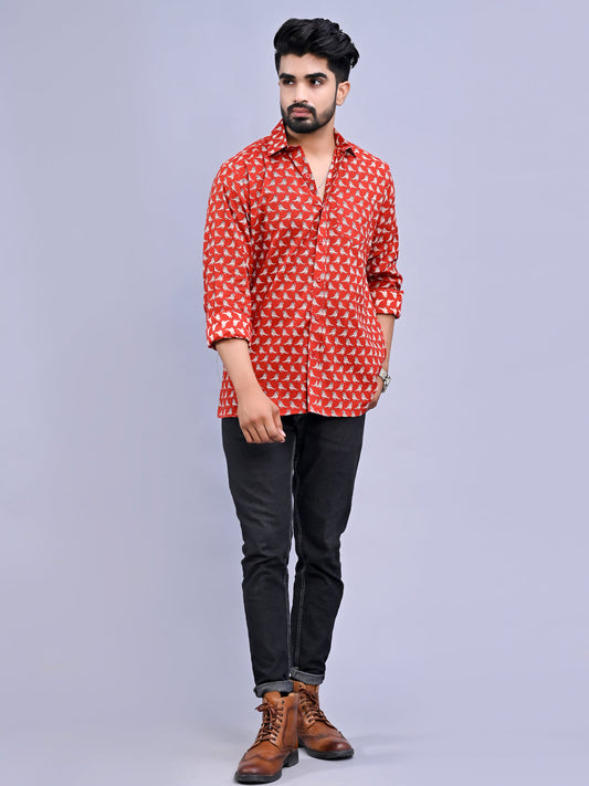 Jaipuri Sanganeri Red Bird Printed Cotton Shirt For Men