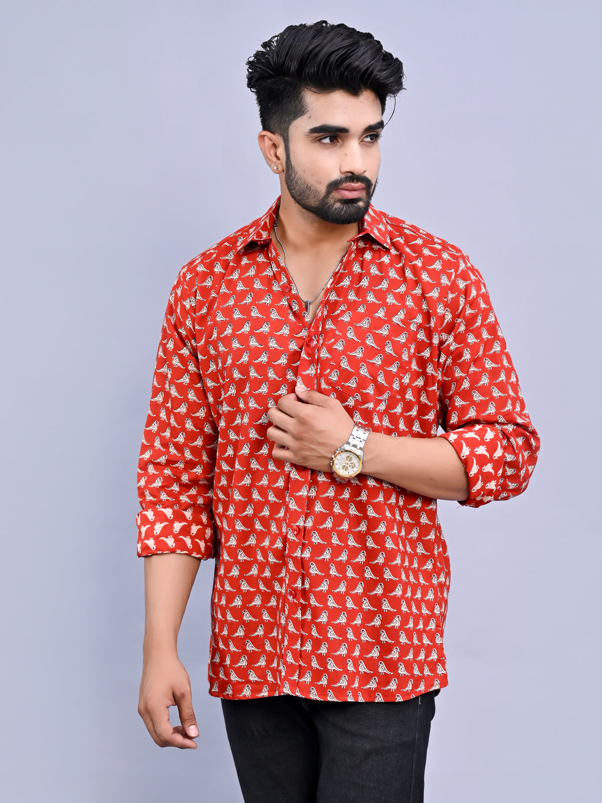 Jaipuri Sanganeri Red Bird Printed Cotton Shirt For Men