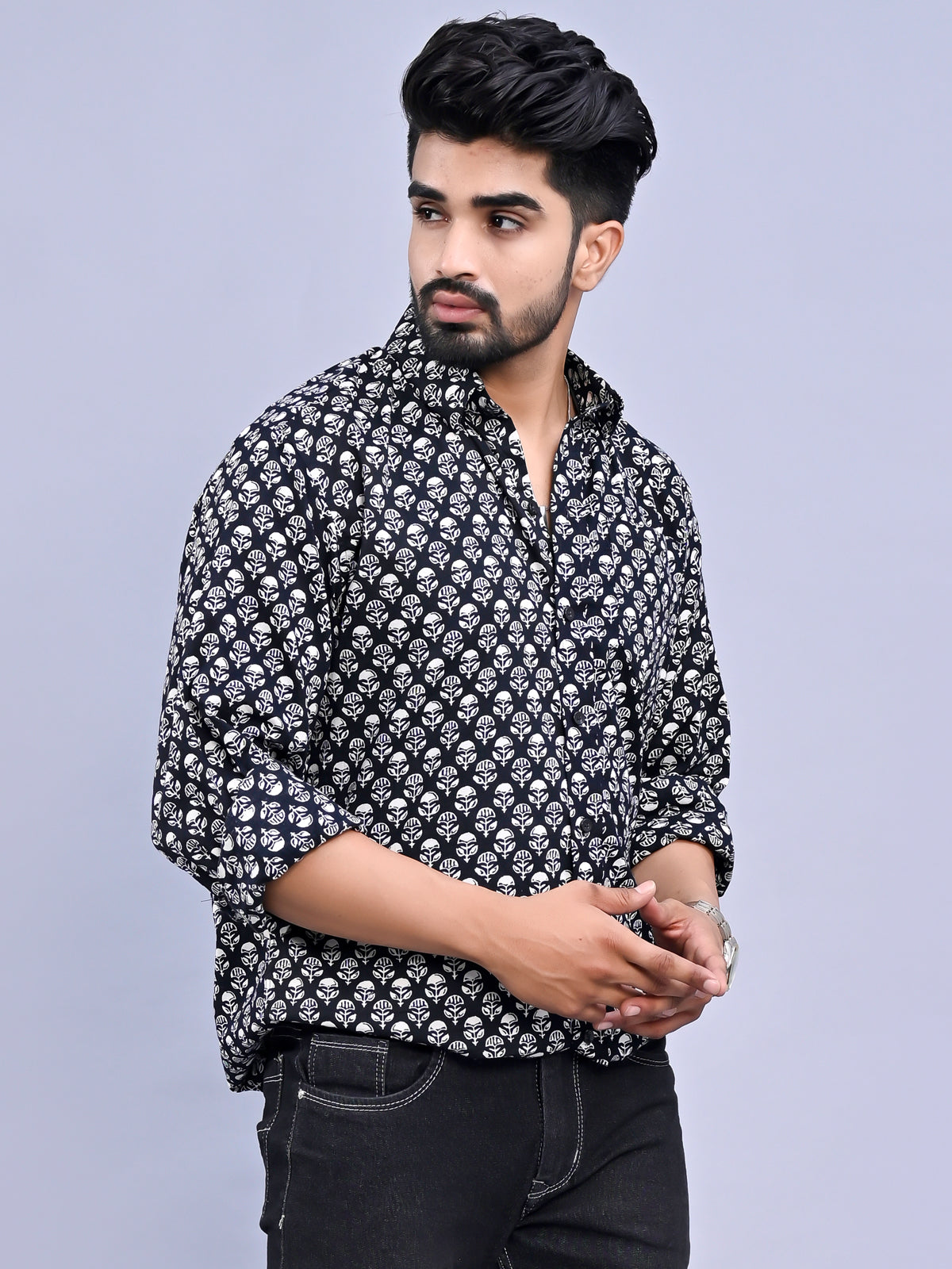 Jaipuri Sanganeri Black Block Printed Cotton Shirt For Men