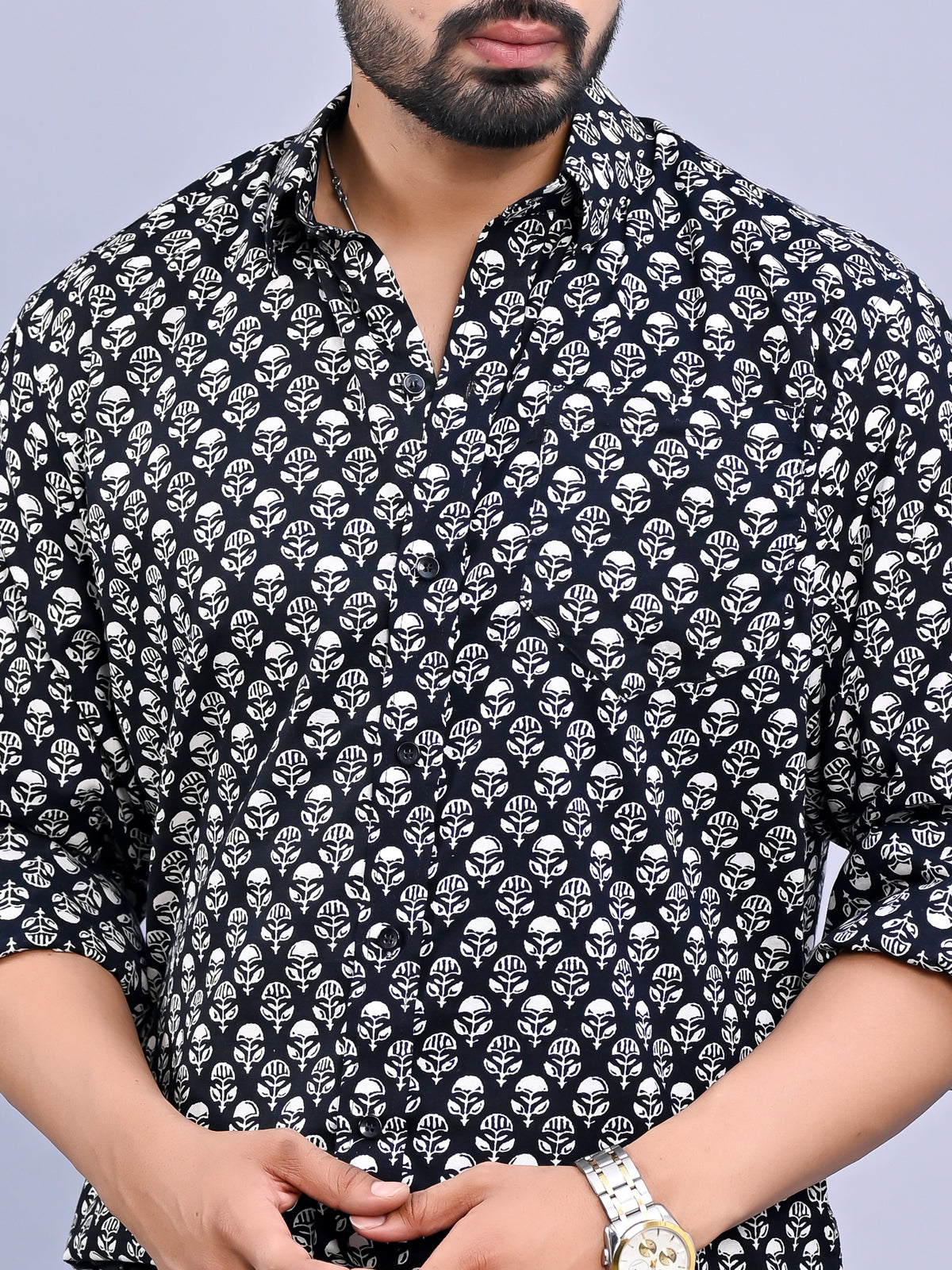 Jaipuri Sanganeri Black Block Printed Cotton Shirt For Men